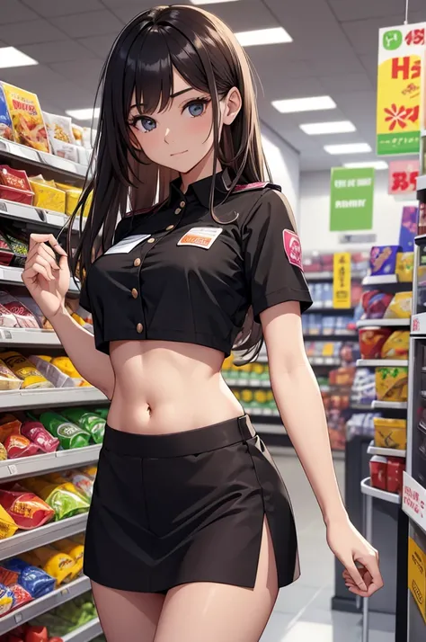 Cashier girl, crop top cashier uniform, showing navel,  supermarket, behind the cashier, exposed abdomen area, 33 years-olds