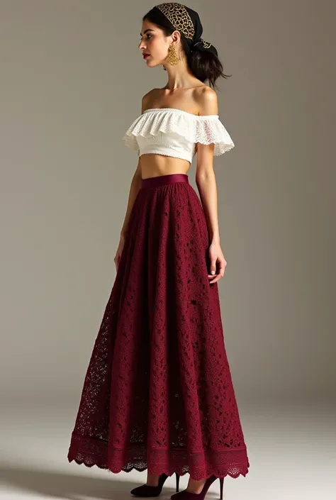 Woman with burgundy heels,long skirt establish from natural crocheted hemp cloth, white off-shoulder crop top, black kerchief with golden chain prints covered as old money style