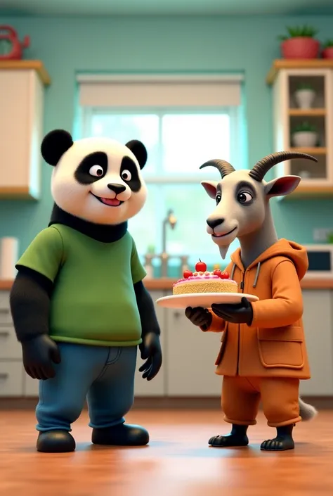 An panda wearing green shirt blue pants and he standing in front of goat and goat is wearing weather suit and goat is holding cake in her hand in kitchen 