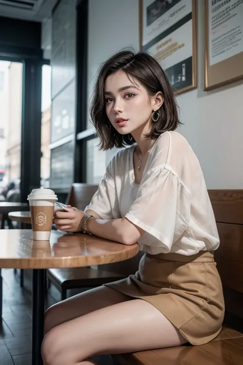 Image of a beautiful woman , 30 years, short and dark hair,  blue eyes and romantic look  ,  small and delicate sapphire earrings  , sitting ` on a coffee shop table sipping cappuccino,  wearing semi-transparent beige miniskirt ,  with legs crossed.