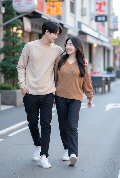 , wide-angle photography ,  , a young Korean couple is seen walking in a small  , Busy city streets .   They wear casual outfits consisting of a V-fannel sweater and black jeans.,  paired with white sneakers ,  look relaxed and happy .   x} Men embrace the...