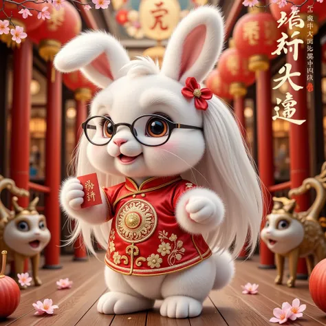 Create a realistic Chinese New Year caricature, using a white long hair bunny wearing  traditional red cheongsam with intricate gold embroidery and a pair of dark glasses. The bunny stands in a festive atmosphere, against a backdrop of red lanterns, cherry...