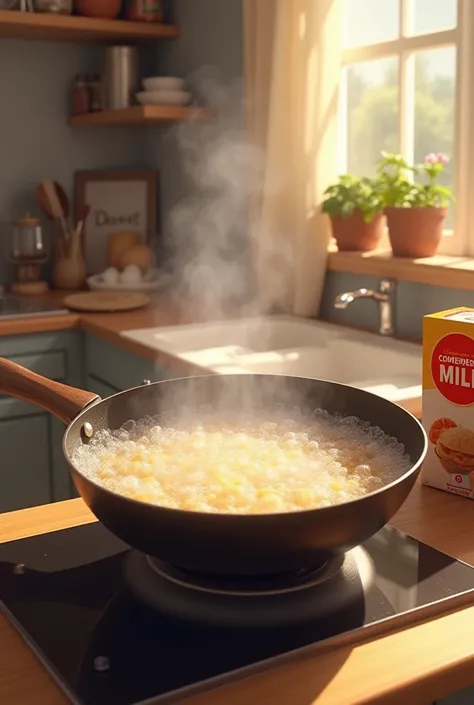 Create a scene, a frying pan with boiling water, And a box of condensed milk.  The setting is a kitchen  