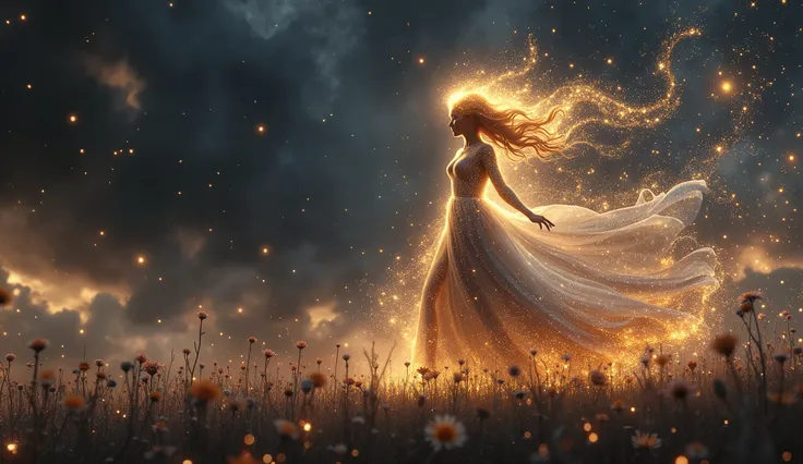 mist in the shape of an ethereal woman made of starlight dancing through a field of flowers at night, her hair of sparkling starlight, eyes bright sparks. silhouette, Super-Resolution, insanely detailed and intricate, Hyper maximalist, Hyper realistic, ult...