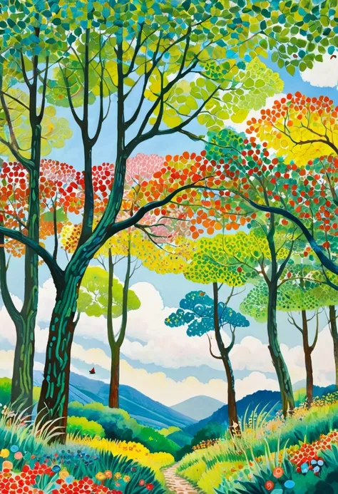 tree々 clouds ,   Vivid Gouache Landscape Paintings ,   Whimsical Forest, 色とりどりのtree々, treeのある丘, Nature Painting, Bright Forest, 草原の丘の中のtree々, colorful landscape painting, 詳細なtree,  たくさんのtree, Forest Painting, Random Forest Scenery , tree々Colorful landscape...