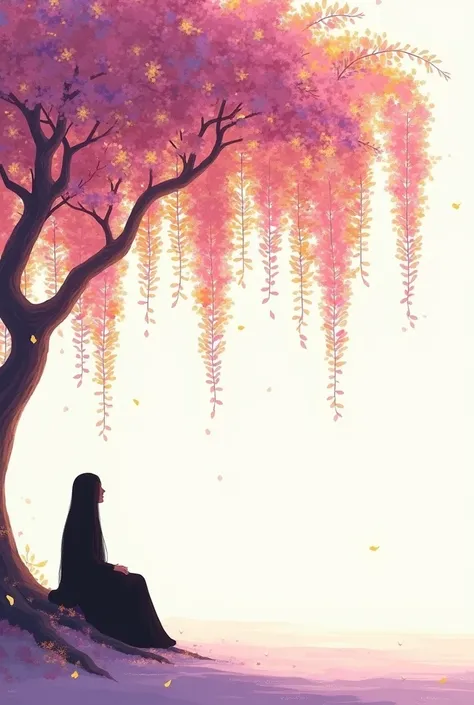 A white void with a pink and yellow wisteria tree with a black silhouette of a ager siting under it