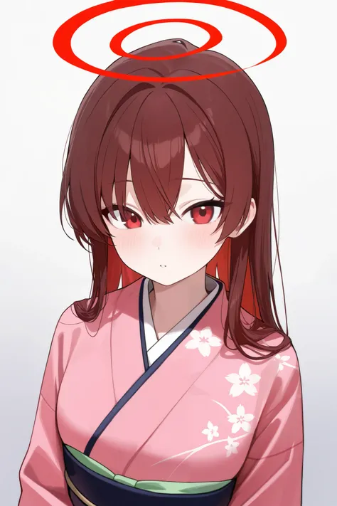 1 girl, Hair length reaches the back, Brown hair and red hair on the edges of the hair, red eyes, but not bright, Wear a kimono suit, หน้าอกไซส์ปานกลาง, have a red halo