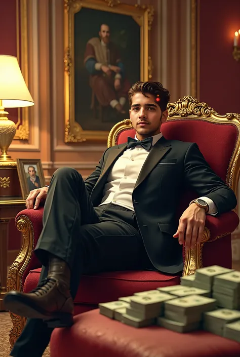 In luxury room bro sitting on table with lots of money