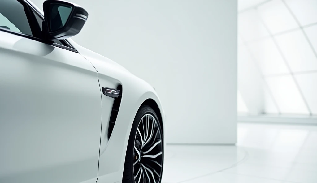 "A close-up side view of the driver's side of the 2026 BMW M6  in white, positioned in a luxury white-themed showroom. The sleek body lines, sporty wheels, and mirror details are highlighted under bright, premium lighting."