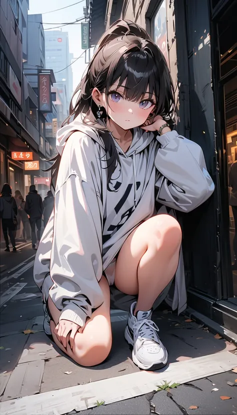 ( beautiful girl  : 1.3), 1 girl,( oversized white hoodie,Earrings, bracelets in the room,thigh, sneakers, pure white underwear,pubic hair), black hair, ponytail, expressionless , crouch, open,City street corner,masterpiece, top quality, super high resolut...