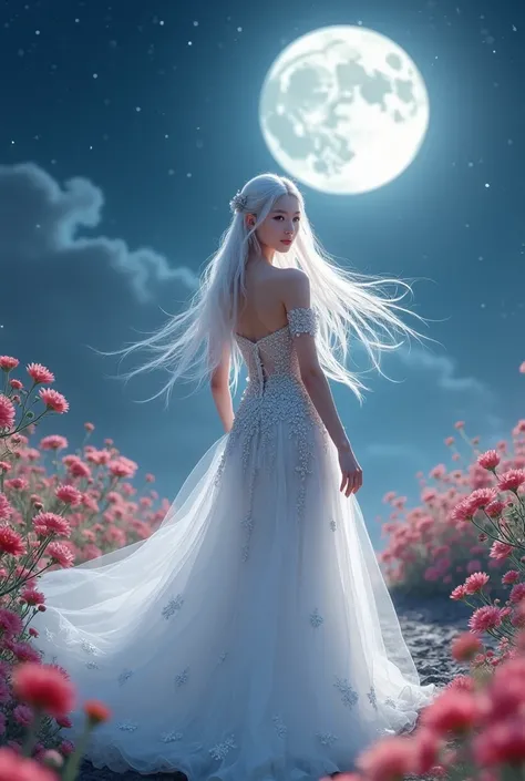 Create a Korean girl, fair skin, with long white hair, wearing a white and silver dress with sparkles that complements her luxurious and sexy look. The background is an outdoor flowered garden at night, with a full moon in the starry sky. Super realistic p...