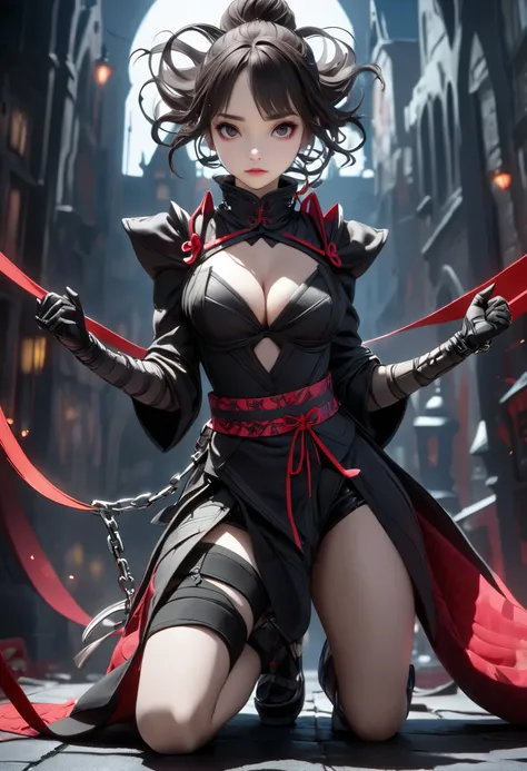 High Definition, masterpiece, Accurate, top quality, High Definition model, high detail, (((The textures are soft))), ((matte and toy-like with a handmade premium look)), (((Tim Burton style))), Dark, A female ninja, While I was fascinated by the cleavage ...