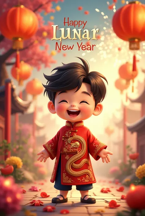 A cheerful Disney-style illustration of a happy young boy celebrating the Lunar New Year, surrounded by festive decorations. He is wearing a traditional Chinese outfit with a modern twist, featuring a beautiful snake pattern embroidered on his dress, symbo...