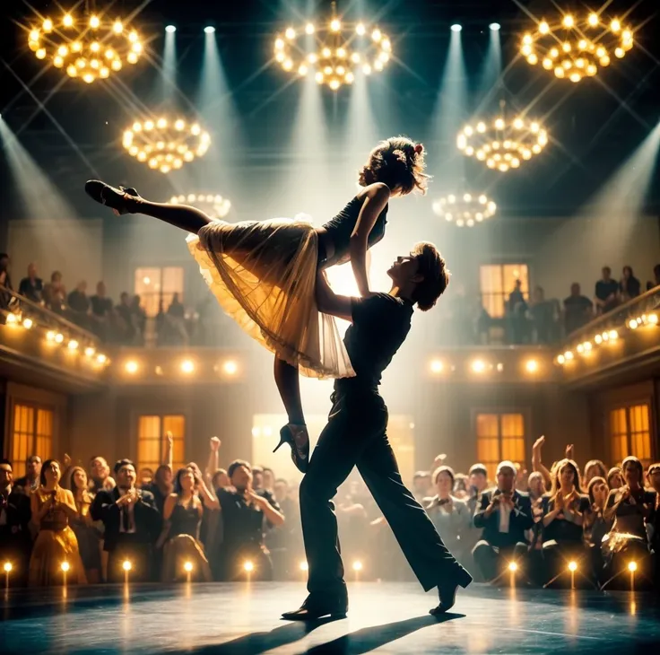 A beautiful young woman dressed as a dancer lies on her back, doing somersaults, her eyes looking up, her arms spread out, a handsome man wearing a black shirt lifts her powerfully above his head. Surrounded by many people looking at them, spotlight, 3D ca...