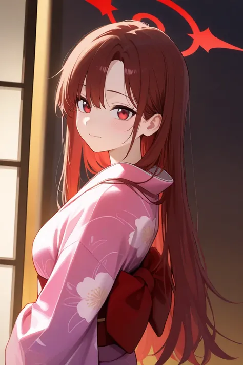 1 girl, Hair length reaches the back, Brown hair and red hair on the edges of the hair, red eyes, but not bright, Wear a kimono suit, หน้าอกไซส์ปานกลาง, have a red halo