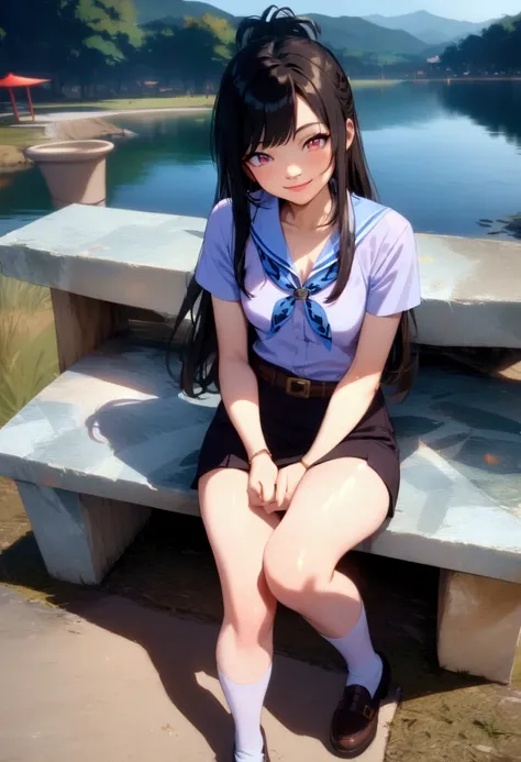 cute young woman, smiling, sitting on marble bench, lake and mountain scenery, BREAK, (forehead, black hair, long straight hair), BREAK, ( light-blue short sleeves shirt (+collared shirt, dark-blue neckerchief), navy-blue  [pleated] pencil mini skirt, gold...