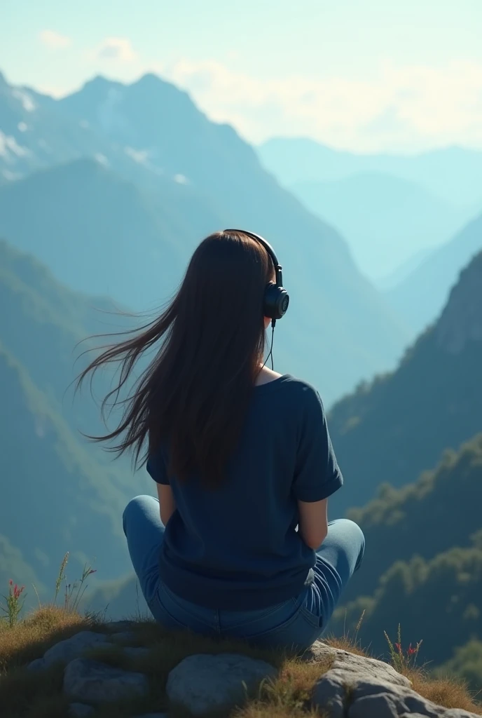 Dim day light, girl with long dark brown open hair,back towards camera, dark blue shirt, dark blue jeans, sitting on mountains with beautiful view, wearing headset, realistic picture, 