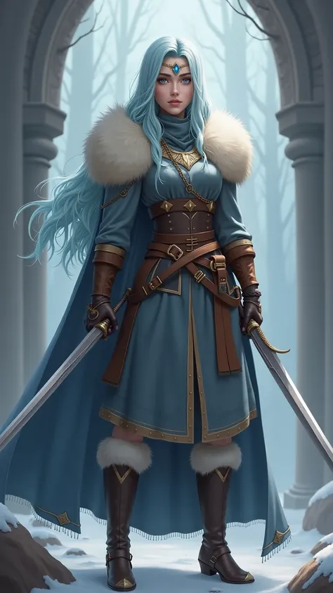  2D animated Full-length portrait of a beautiful warrior girl with long light blue hair standing majestically in cozy warm dressed like a Northern warrior from Game of Thrones and wearing a Hair ornament with a blue gem hanging on her forehead and holding ...