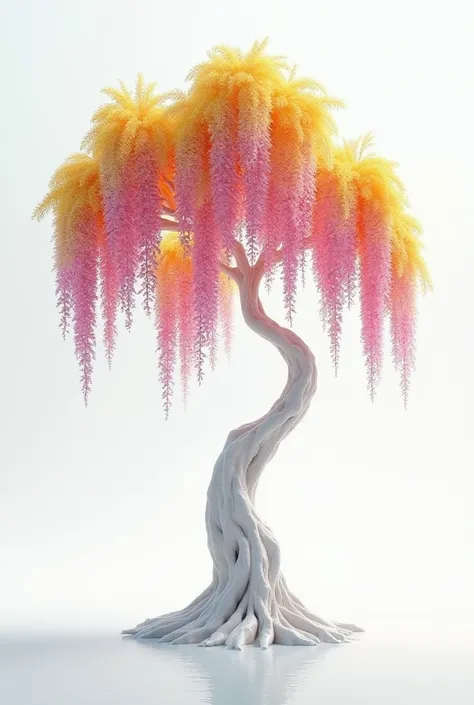 A white void with a pink and yellow wisteria tree hyper realistic brutalist