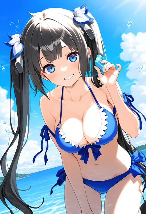 Hestia,Twintails, long hair, black hair, blunt bangs, blue eyes, hair ribbon, white ribbon,、smile,,(1girl bikini ocean watersplash bubble）best quality ( best quality )、(Nonsense)、( very detailed)、( very beautiful way to hold ) information best quality 、 Ul...