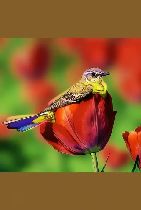 oil painted, bird on top of a red flower 