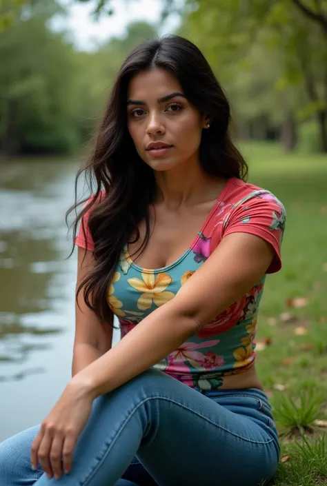 a beautiful, curvy, athletic, Mexican woman beside a running river, water flowing, casual clothing, colorful t-shirt and blue jeans , beautiful detailed eyes, beautiful detailed lips, extremely detailed face and portrait, long beautiful hair, elegant dress...