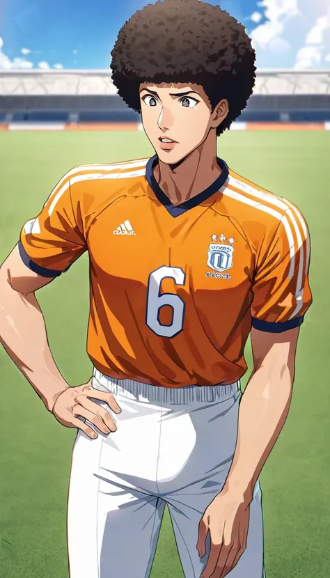 One male in his 20s, Asian, Afro Hair, round eyes , Thick lips, (((Orange soccer uniform))), white pants , Height: 172cm, Professional soccer players , ((Number 6)), A deserted soccer stadium in the countryside, comical, anime, high details, super detail, ...