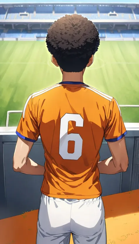 One male in his 20s, Asian, Afro Hair, round eyes , Thick lips, (((Orange soccer uniform))), white pants , Height: 172cm, Professional soccer players , ((Number 6)), A deserted soccer stadium in the countryside, comical, anime, high details, super detail, ...