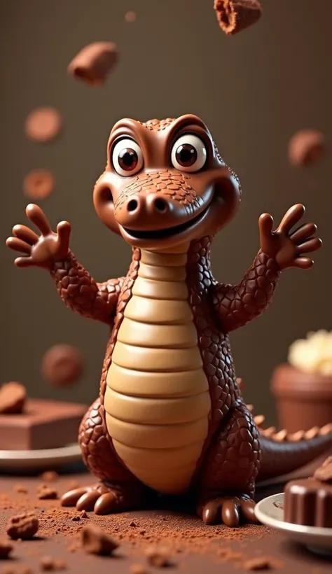 Cute crocodile cartoon 3D arms raised cheerful eyes looking at viewer standing made of chocolate glossy finish dessert table background cocoa dust falling 4k detailed texture rich.