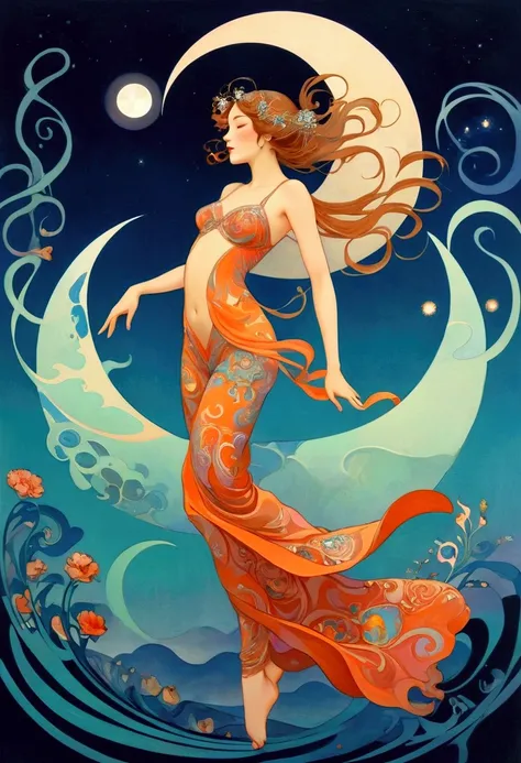 masterpiece,  Hallucinatory, Tsuruta Ichiro Style Beauty Painting , Hypnotic Patterns , Abstract, Euphoric,  Fluid Shapes , Art Nouveau Painting ,  jewelry, flower, moon, Night Sky, dance,  flat illustration .  negative space in the shape of a dancing woma...