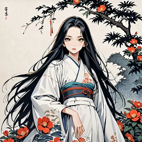  top quality, Hiroshige Utagawa, Ink painting, (((longhair))), ((( white kimono))), Japanese headphones, Camellia,  beautiful girl,   black hair, Delicate and precise,  modern ukiyo-e style ,