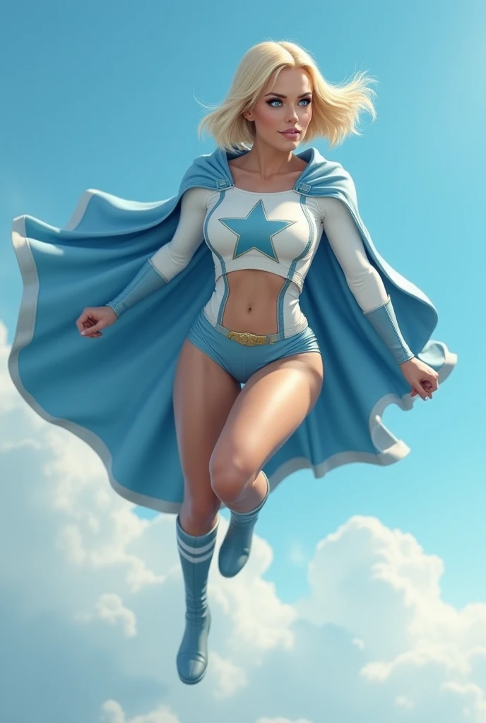 A realistic image of a woman with an athletic build and short blonde hair is flying through the sky. She has crystal blue eyes and wears a skintight superhero suit with an exposed belly, superhero shorts, and knee-high heeled leather boots. The suit is pri...