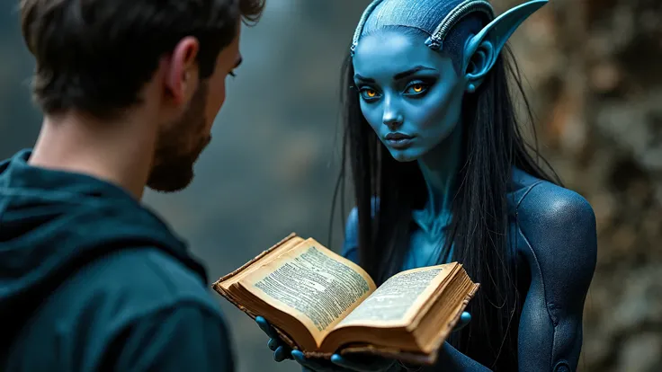 a sexy blue alien girl, with deep detailed face, long hair, in dress, having an old ancestor book in her hand, showing that book to Man