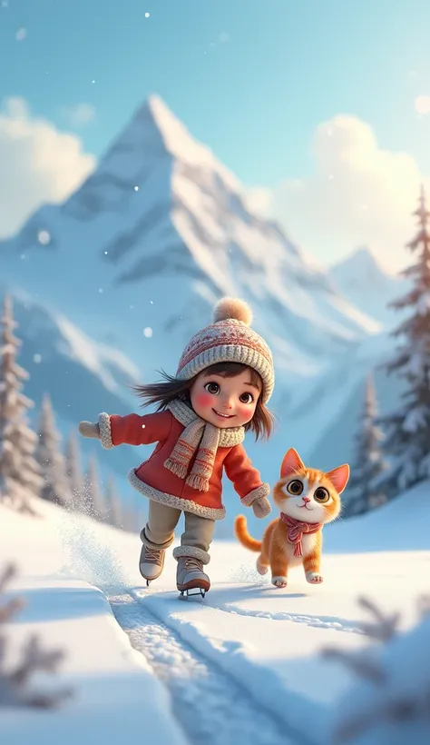   Girl, and a cute cat with round eyes, Ice Skating,  Snow Mountain .