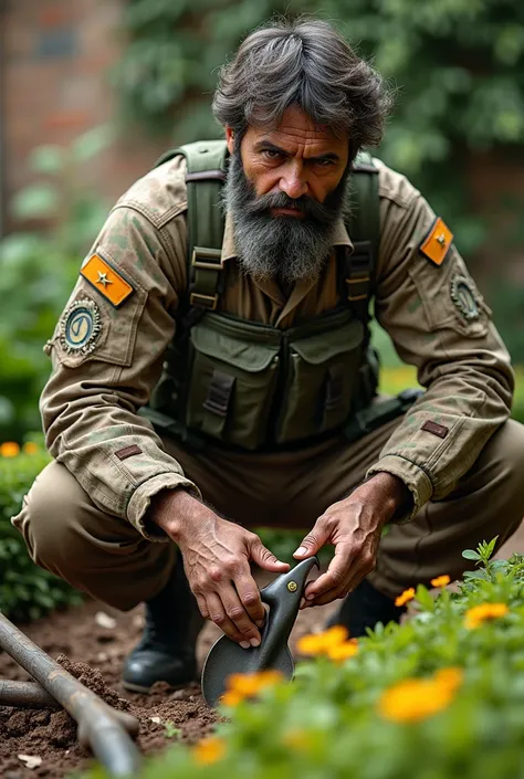 un jardinier militaire marocain en tenue de combat  qui travaille avec ses mains et son materials  