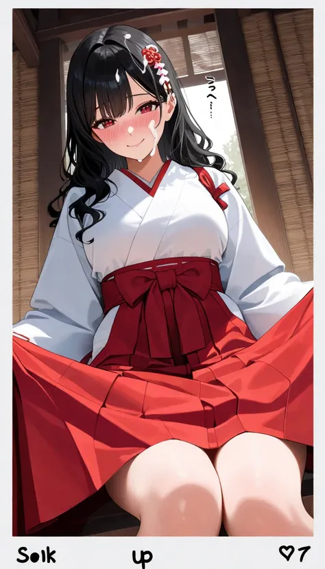 ( beautiful girl  : 1.3), 1 girl,(White and red hakama), black hair, wavy hair,smile,Embarrassed,blush,Semen thread, semen on hair, semen on face,Dark Shrine , lines ,sound effect,masterpiece, top quality, Ultra High Resolution, rich contrast, high definit...