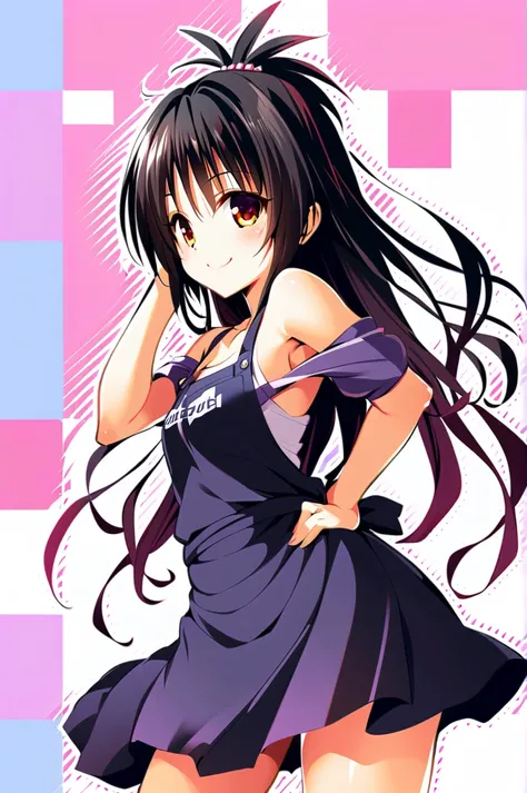 1girl, apron, yuuki mikan, black hair, skirt, long hair, smile, hand on hip, plaid, spiked hair, bare shoulders, 