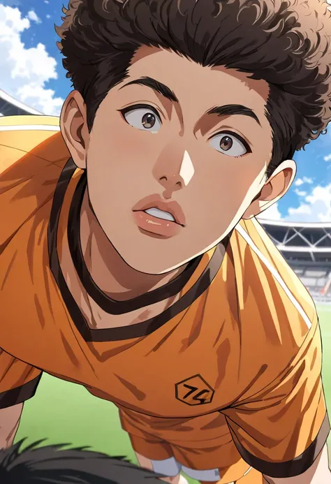 One male in his 20s, Asian, Afro Hair, round eyes , Thick lips, (((Orange soccer uniform))), White shorts, Height: 172cm, Professional soccer players , ((Number 6)), A deserted soccer stadium in the countryside, comical, anime, high details, super detail, ...