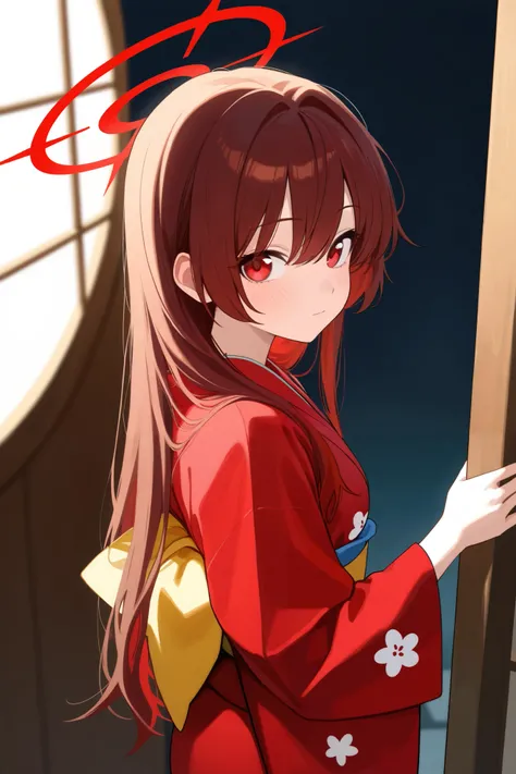 1 girl, Hair length reaches the back, Brown hair and red hair on the edges of the hair, red eyes, but not bright, Wear a kimono suit, หน้าอกไซส์ปานกลาง, have a red halo