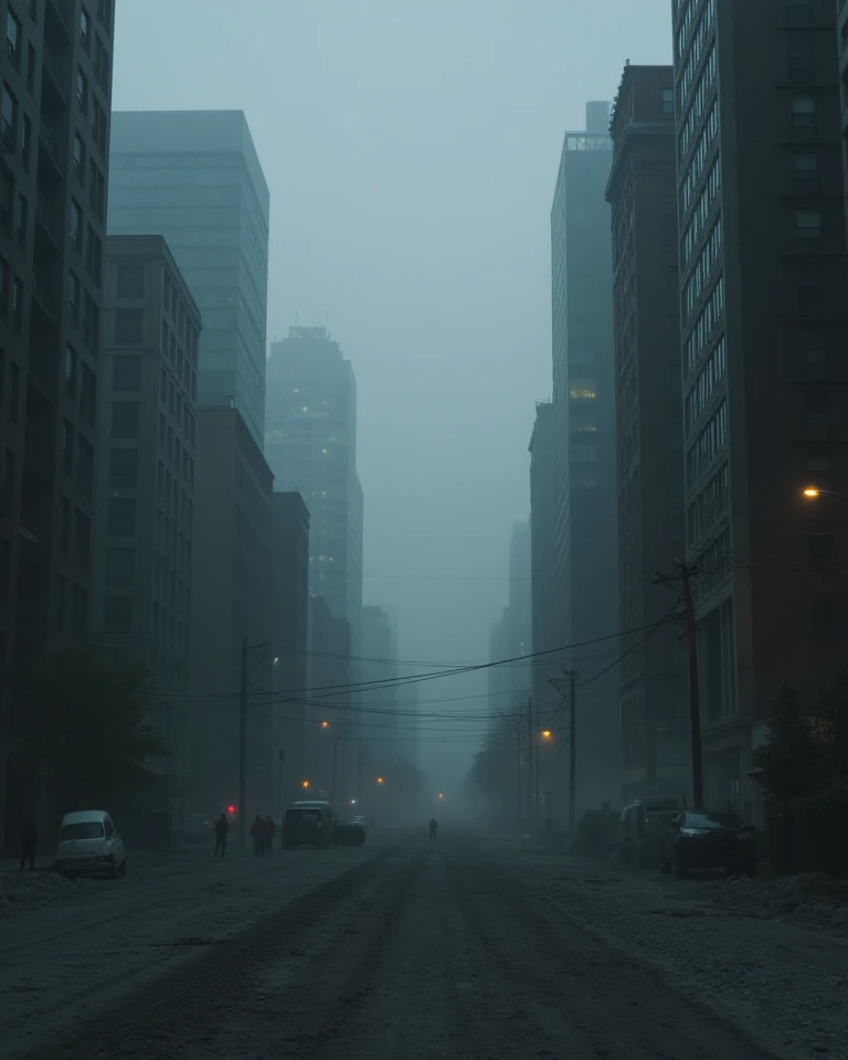 An american city buried under volcanic ash, Skyscrapers barely visible through the smoke, street covered in a thick gray layer, abandoned vehicles, people struggling to breathe, dystopian style, midnight, ash-laden, urban chaos, survival, desolation, hyper...