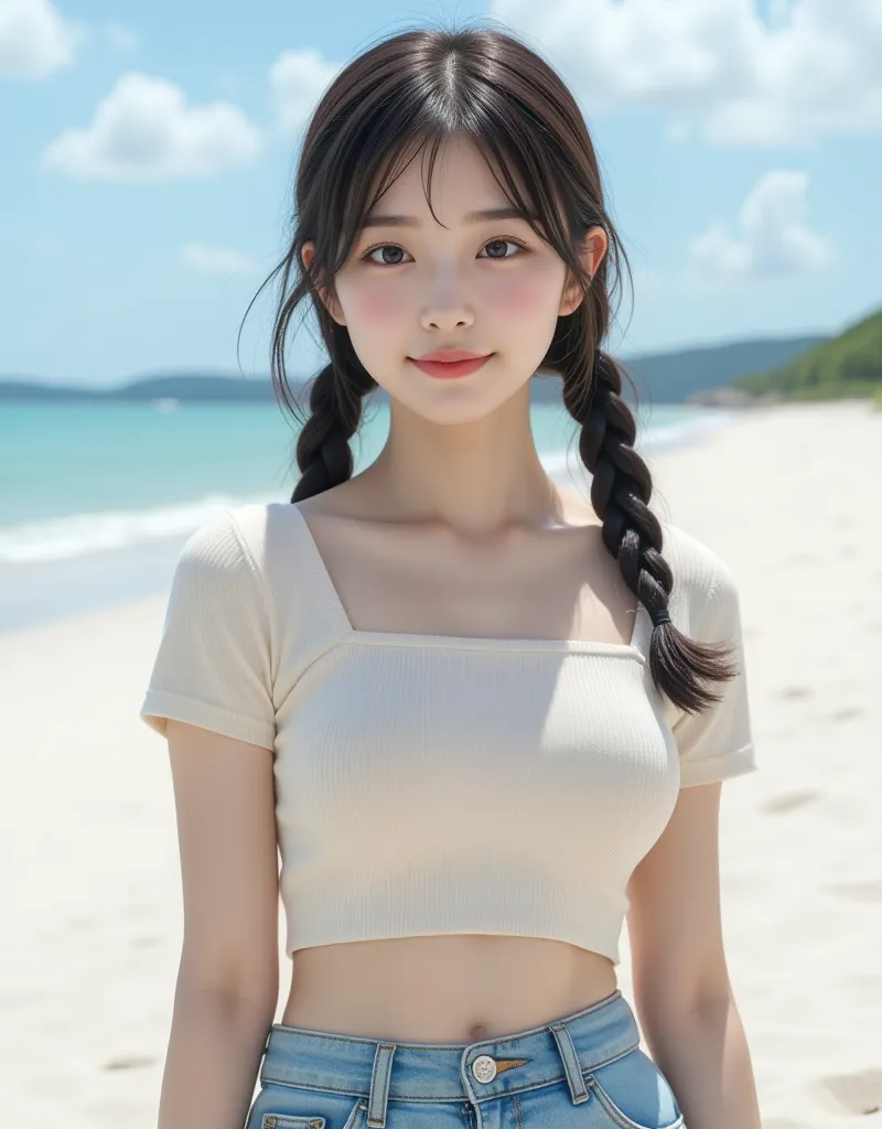 (Profile of a super cute Korean female college student looking into the distance while dazzling:1.2)(Grinning,smile:1.2)( I'm happy:1.1)(16k,  RAW photos ,  top quality, masterpiece: 1.2),(Cute braided twin tails with lustrous black hair)  more details,  S...