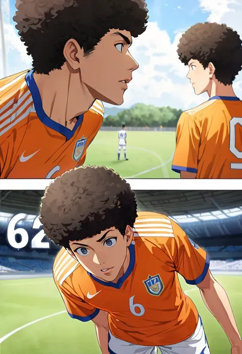 One male in his 20s, Asian, Afro Hair, round eyes , Thick lips, (((Orange soccer uniform))), White shorts, Height: 172cm, Professional soccer players , ((Number 6)), A deserted soccer stadium in the countryside, comical, anime, high details, super detail, ...