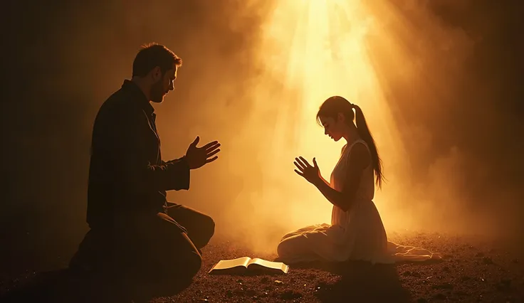  A scene of a person praying fervently ,  seeking spiritual discernment and strength to resist evil influences .  The divine light shines on them while they are kneeling ,  with an open Bible in front of her . around, demonic shadows attempt to approach , ...