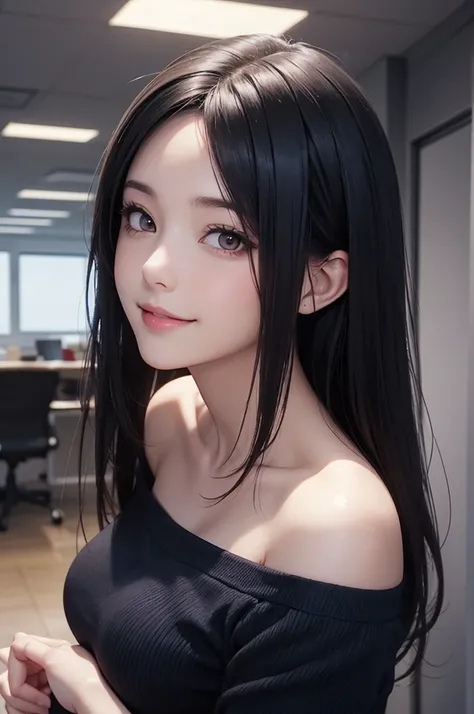 beautiful young business woman in her 20s, office lady, dark blue hair, asymmetrical bangs, brown eyes, beautiful detailed face,  beautiful glossy lips, medium breasts, embarrassed smiling expression, elegant office attire, cinematic lighting, office backg...