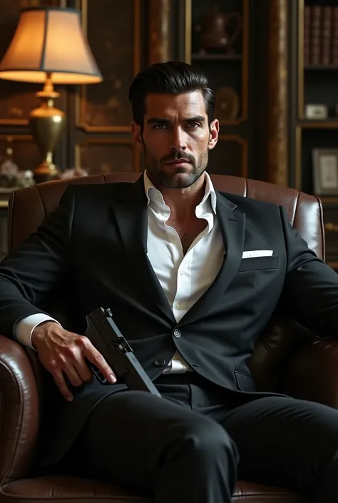  by no means , beautiful,  broad-shouldered man with a powerful ,  the muscular physique sits confidently in a dark leather chair in a dimly lit room with marble floors and shelves lined with antiques .  His personalized black suit fits impeccably  ,  emph...