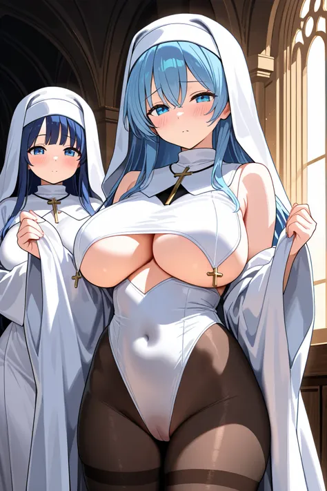 NSFW,masterpiece, top quality, high resolution, very detailed, blue hair, long hair,Big Breasts, nun,White monk&#39;s robes, dress , leotard, high leg , sleeveless, detachable sleeves , pantyhose,Underboob, Sister ,Sex slave