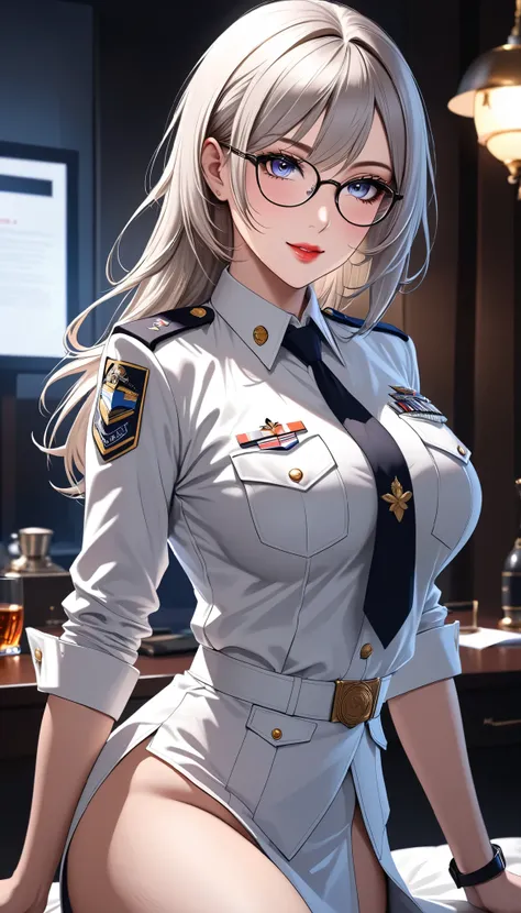 A very classy adult woman,  I wear glasses,  adult sex appeal effect, I'm wearing a female officer's white uniform, A charming and cute face, Classy and Attractive Details , ULTRA FINE REALISM , 