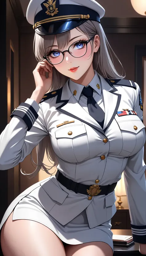 A very classy adult woman,  I wear glasses,  adult sex appeal effect, I'm wearing a female officer's white uniform, A charming and cute face, Classy and Attractive Details , The gaze that seduces you, ULTRA FINE REALISM , 