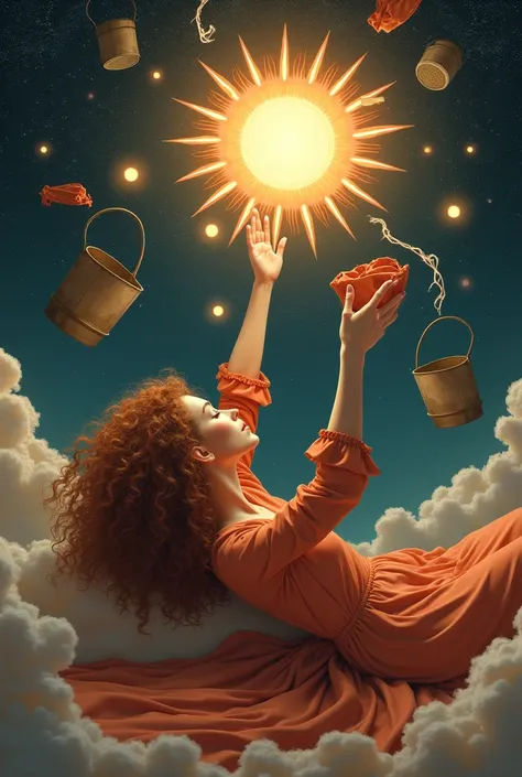 Create an image of a curly-haired white woman Marsala, taking clothes out of a bucket and literally putting them on the Sun star. The girl is on her back