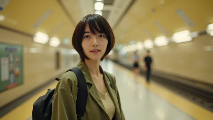 A woman with short, dark hair, stands in a subway station. Positioned slightly to the left of center in the frame, she is captured from a three-quarter view, facing slightly to her right. Her expression is neutral, and she wears a light olive-green, loose-...